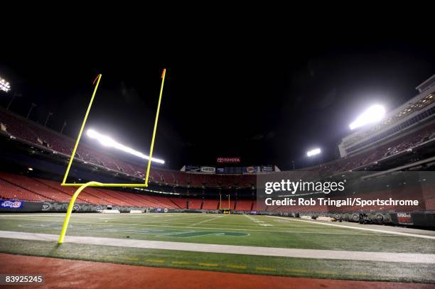 General view of a goal post at night with the stadium lights on in a empty stadium after a game between the New York Jets and the Denver Broncos on...