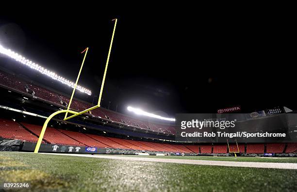 General view of a goal post at night with the stadium lights on in a empty stadium after a game between the New York Jets and the Denver Broncos on...