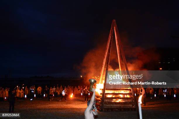 Funeral Pyre burns on The Toxteth Day of The Dead as The Justified Ancients of Mu Mu Present 'Welcome To The Dark Ages' on August 25, 2017 in...