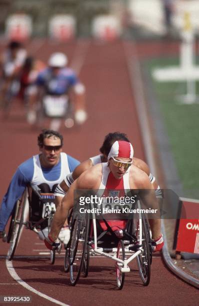 Summer Paralympics: USA Criag Blanchette in action, leading 1500M Wheelchair race at Olympic Stadium. Seoul -- CREDIT: Heinz Kluetmeier