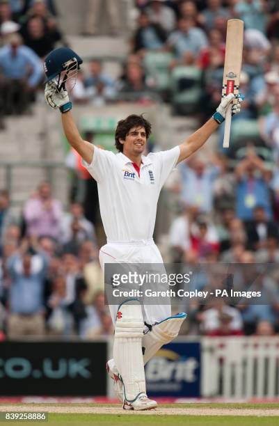 England's Alastair Cook celebrates reaching his century during the third npower Test at The Brit Insurance Oval, London.