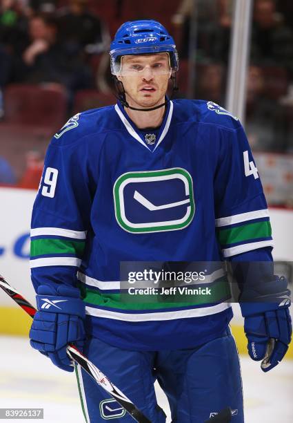 Alexandre Bolduc of the Vancouver Canucks skates up ice during the game against the Calgary Flames at General Motors Place on November 27, 2008 in...