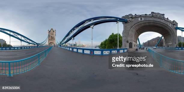 360° panoramic view of the london tower bridge, river thames - 360vr stock pictures, royalty-free photos & images