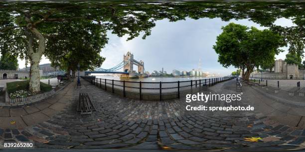 360° panoramic view of the london tower bridge, river thames, tower of london - 360 stock pictures, royalty-free photos & images