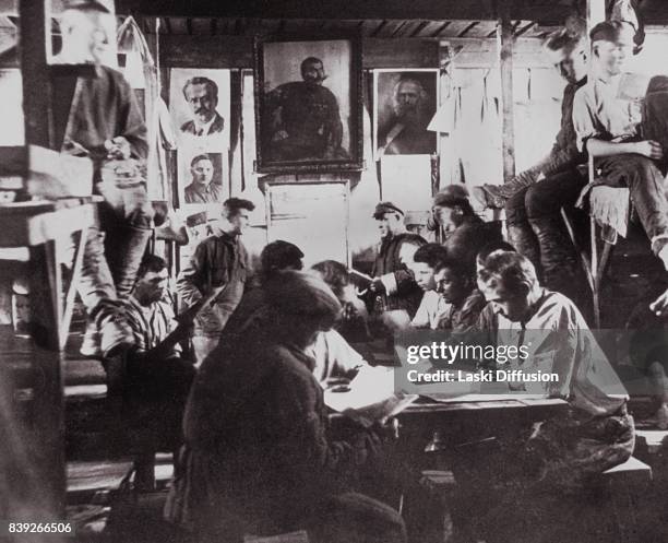 Builders of the White Sea-Baltic Canal in a shack where they were accommodated. The canal was constructed between 1931 and 1933 by forced labor of...