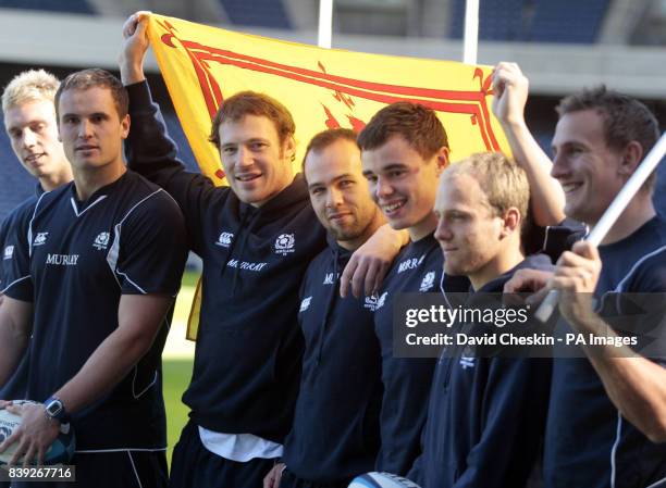 Alex Blair, Scott Forrest, Scott Riddell, Mike Adamson, Lee Jones, Andrew Turnbull and Colin Shaw prior to a training session at Murrayfield Stadium,...