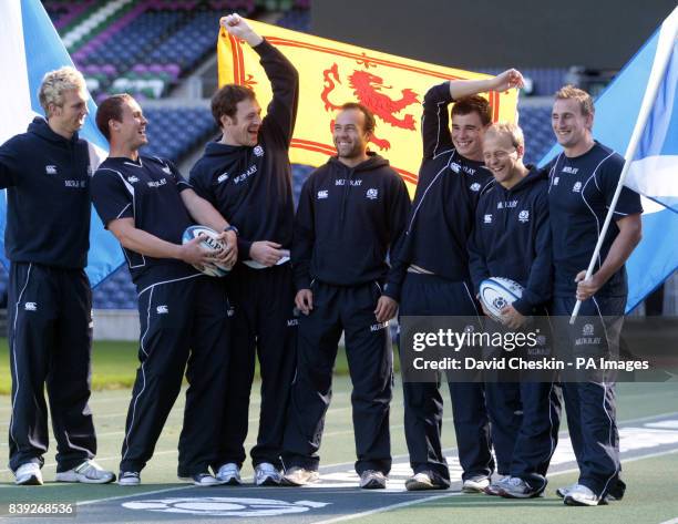 Alex Blair, Scott Forrest, Scott Riddell, Mike Adamson, Lee Jones, Andrew Turnbull and Colin Shaw prior to a training session at Murrayfield Stadium,...