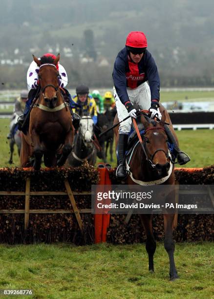 Bobs Worth ridden by Barry Geraghty jumps the last on their way to victory in the Neptune Investment Management Novices' Hurdle during the New Year's...