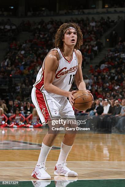 Anderson Varejao of the Cleveland Cavaliers shoots a free throw during the game against the Milwaukee Bucks on November 29, 2008 at the Bradley...