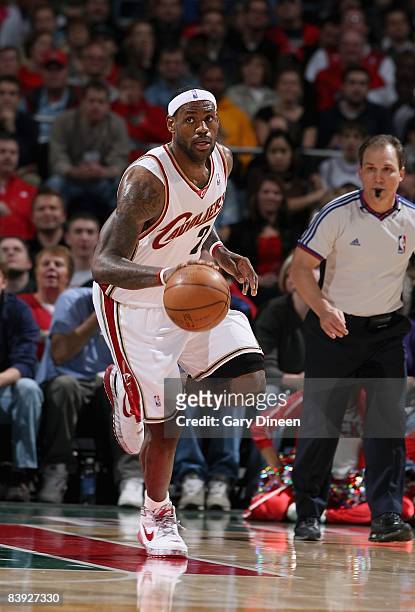 LeBron James of the Cleveland Cavaliers drives the ball up court during the game against the Milwaukee Bucks on November 29, 2008 at the Bradley...