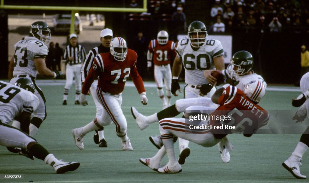 1985 Patriots Roster New England Patriots linebacker Andre Tippett sacks quarterback Ken ...