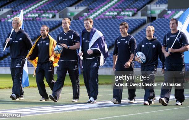 Scotland 7's Alex Blair, Mike Adamson, Scott Forrest, Scott Riddell, Lee Jones, Andrew Turnbull and Colin Shaw prior to a training session at...