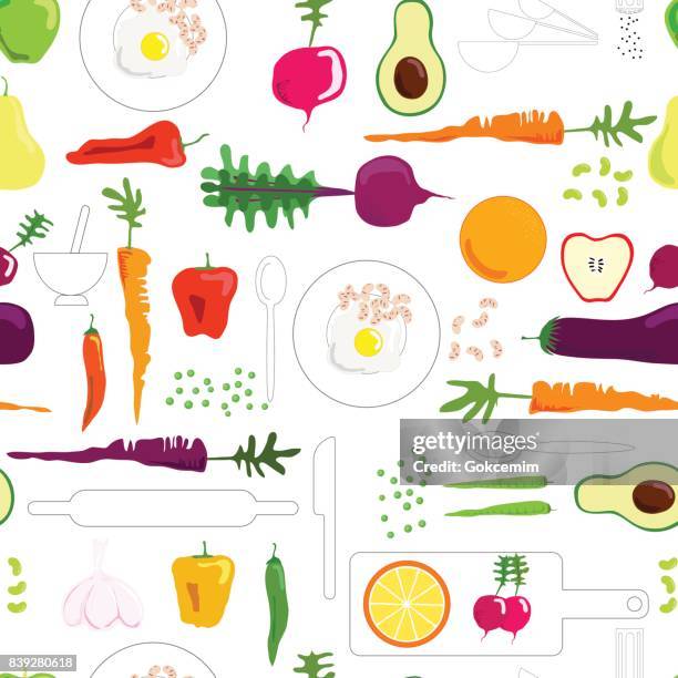 ilustrações, clipart, desenhos animados e ícones de frescos frutos e vegetais ilustrado, sem costura padrão. - chilli con carne