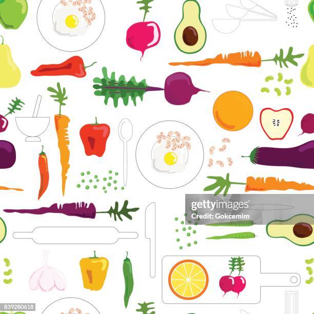 fresh vegetables and fruits illustrated, seamless pattern. - chili con carne stock illustrations
