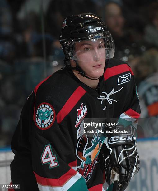 Tyson Barrie of the Kelowna Rockets skates against the Chilliwack Bruins at the Kelowna Rockets on November 29, 2008 at Prospera Place in Kelowna,...