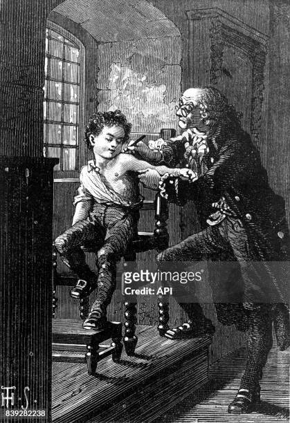 Médecin vaccinant un enfant contre la variole, gravure de Théophile Schuler.