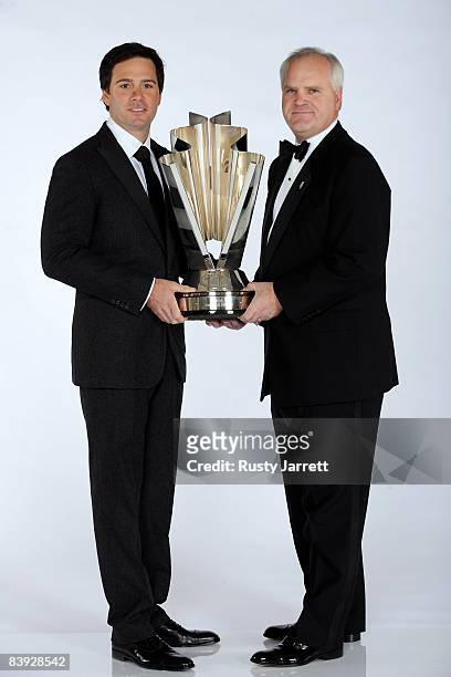 Sprint Cup Series Champion Jimmie Johnson, driver of the Lowe's/Kobalt Tools Chevrolet, and Lowe's CEO Robert Niblock pose prior to the NASCAR Sprint...