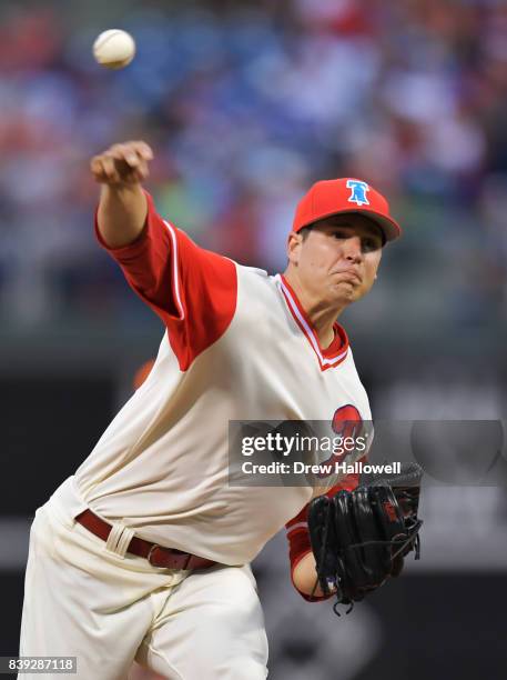 Starting pitcher Jerad Eickhoff of the Philadelphia Phillies delivers a pitch in the first inning against the Chicago Cubs at Citizens Bank Park on...