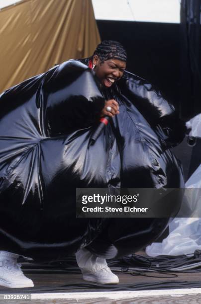 Missy Elliot, dressed in an outrageous bubble costume, performing at Jones Beach during Lilith Fair, 1998.