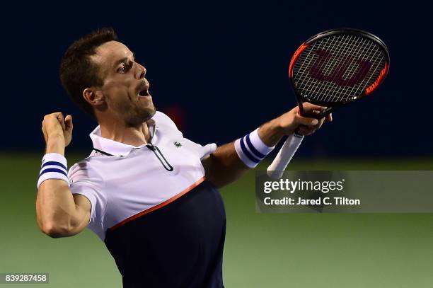 Roberto Bautista Agut of Spain reacts after defeating Jan-Lennard Struff of Germany during their semifinals match in the Winston-Salem Open at Wake...