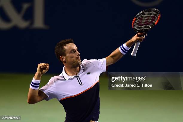 Roberto Bautista Agut of Spain reacts after defeating Jan-Lennard Struff of Germany during their semifinals match in the Winston-Salem Open at Wake...