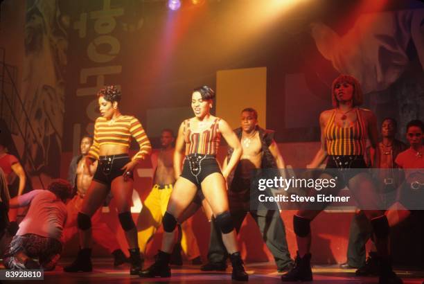 Salt & Pepa performing at Club USA during the video shoot for their song 'Shoop', 1993. New York.