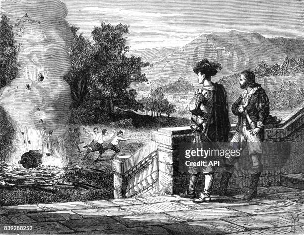 Expérience du marquis de Worcester Edward Somerset, faisant exploser un canon par la force de la vapeur d'eau.