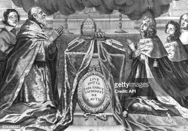 Le pape Urbain VIII et le roi de France Louis XIV adorant le Saint-Sacrement, en présence du cardinal de Retz, d'Anne d'Autriche et de Philippe...