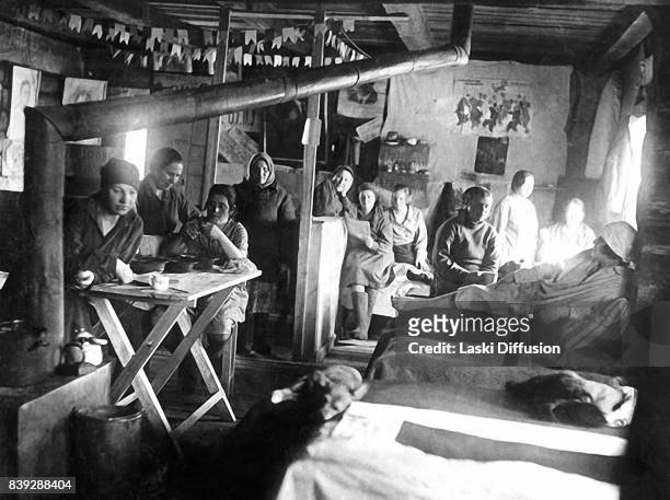 Prisoners in their shack in the Vorkuta Gulag , one of the major Soviet labor camps, Russia, Komi Republic, 1945.