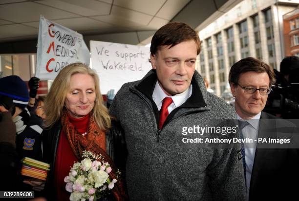 Research doctor Andrew Wakefield and wife Carmen Wakefield leave the GMC after making a statement, London.