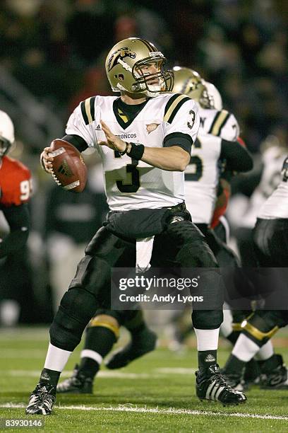 Quarterback Tim Hiller of the Western Michigan Broncos looks to pass the ball during the MAC game against the Ball State Cardinals at Scheumann...