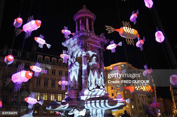 Picture taken during a light show on December 5, 2008 in Lyon, central eastern France, as part of the 10th edition of the "Fete des lumieres" , the...