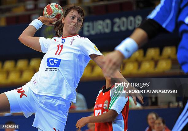 Denmark's Lene Lund Nielsen shoots at goal defended by Hungary's goalkeeper Piroska Szamoransky during the 8th Women's Handball European...