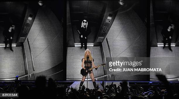 Singer Madonna performs during a concert offered in Argentina at Monumental stadium in Buenos Aires on December 5, 2008 as part of her world tour...
