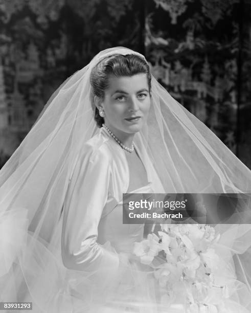 Studio portrait of Patricia Kennedy Lawford in her wedding dress. She was married to actor Peter Lawford, 1954. New York.