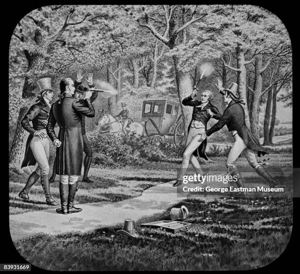 Illustration showing the duel between Alexander Hamilton and Aaron Burr, 1804.