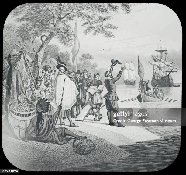 Illustration depicting the landing of the settlers at Jamestown, Virginia in 1607, ca.1880s. United States.