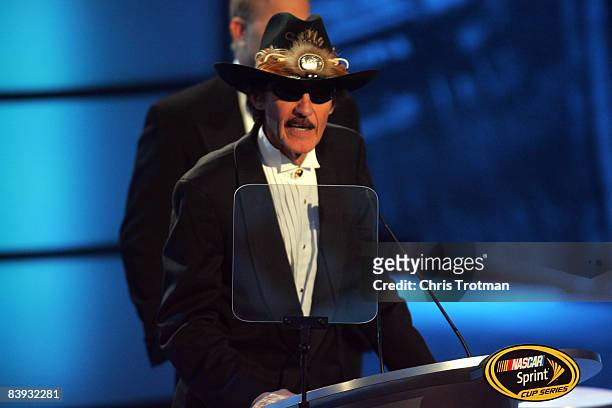 Past NASCAR Champion Richard Petty speaks during the NASCAR Sprint Cup Series Awards Ceremony at the Waldorf Astoria on December 5, 2008 in New York...