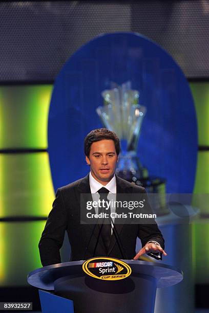 Jimmie Johnson, 2008 NASCAR Sprint Cup Champion, speaks during the NASCAR Sprint Cup Series Awards Ceremony at the Waldorf Astoria on December 5,...