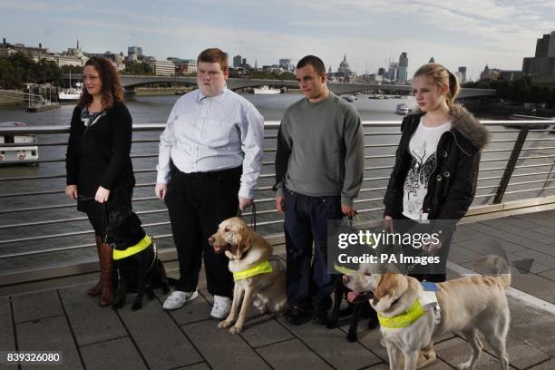 The first four people under sixteen to qualify for a Guide Dog in the UK who were united for the first time on London's Southbank. L-R Andrea Cooper...