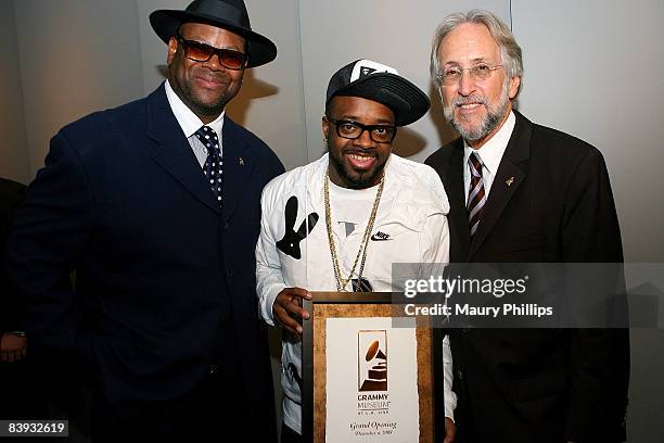 Producer Jimmy Jam, producer/rapper Jermaine Dupri and president/ceo of the Recording Academy Neil Portnow attend the Grammy Museum ribbon cutting...