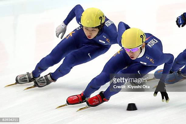 Lee Jung-su of South Korea and Sung Si-bak of South Korea compete in the Men's 1500m final during the Samsung ISU World Cup Short Track 2008/2009...