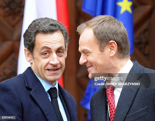 French President Nicolas Sarkozy and Polish Prime Minister Donald Tusk are pictured before a meeting in Gdansk on December 6, 2008. French President...