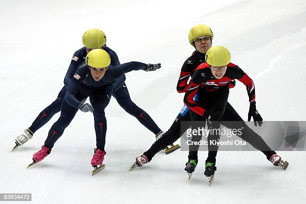 The U.S. Team and Japanese team make the exchange in the Ladies 3000m Relay semi final during the Samsung ISU World Cup Short Track 2008/2009 Nagano...