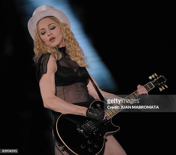 Singer Madonna performs during a concert offered in Argentina at Monumental stadium in Buenos Aires on December 5, 2008 as part of her world tour...