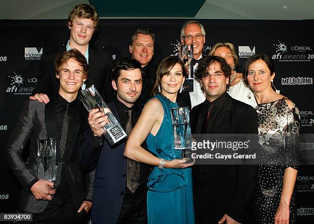 The cast and crew of "The Black Balloon" actor Luke Ford, actor Erik Thomson, producer Tristram Miall, unidentified, actor Rhys Wakefield, Jimmy the...