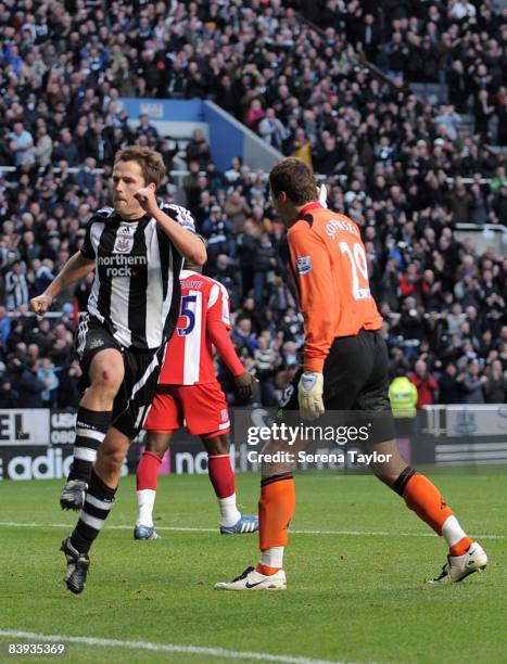 Michael Owen of Newcastle United celebrates after scoring the second goal during the Barclays Premier League match between Newcastle United and Stoke...