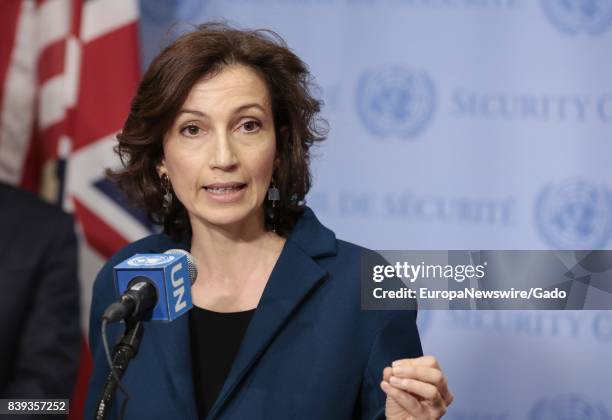 Audrey Azoulay, Minister for Culture and Communication of France, during a press conference at the UN Headquarters in New York after her Security...