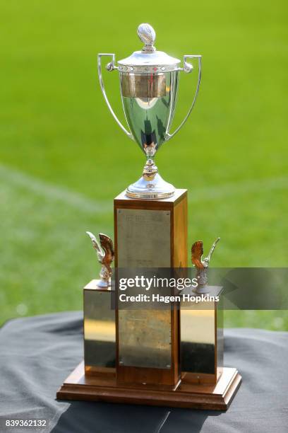 The John F Henning trophy on display during the round two Mitre 10 Cup match between Wellington and Taranaki at Westpac Stadium on August 26, 2017 in...