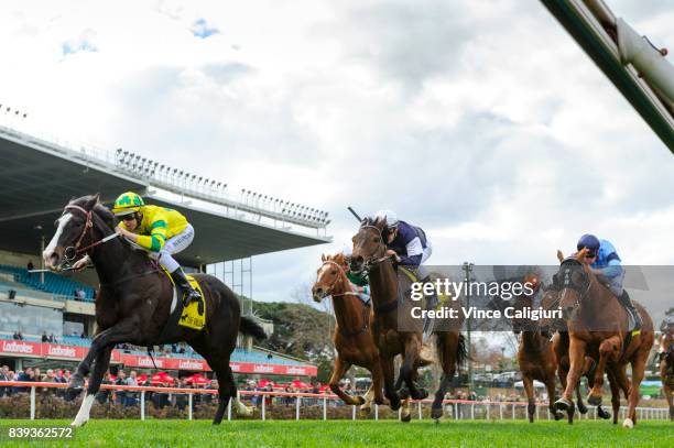 Damian Lane riding Pacodali defeats Ben Melham riding Almandin in Race 5 during Melbourne Racing at Moonee Valley Racecourse on August 26, 2017 in...